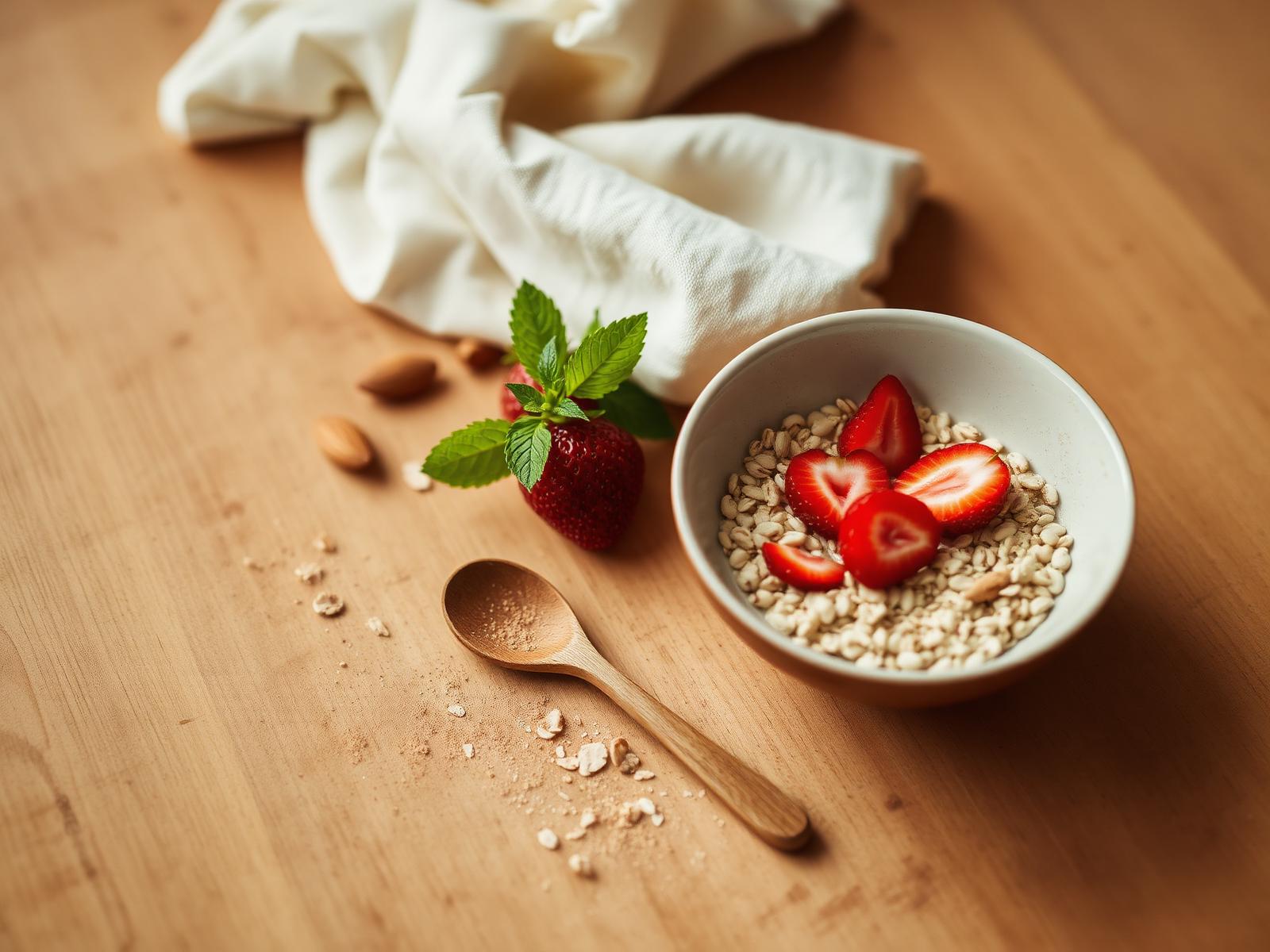 A bowl of oats topped with strawberries and almonds on a warm wooden table